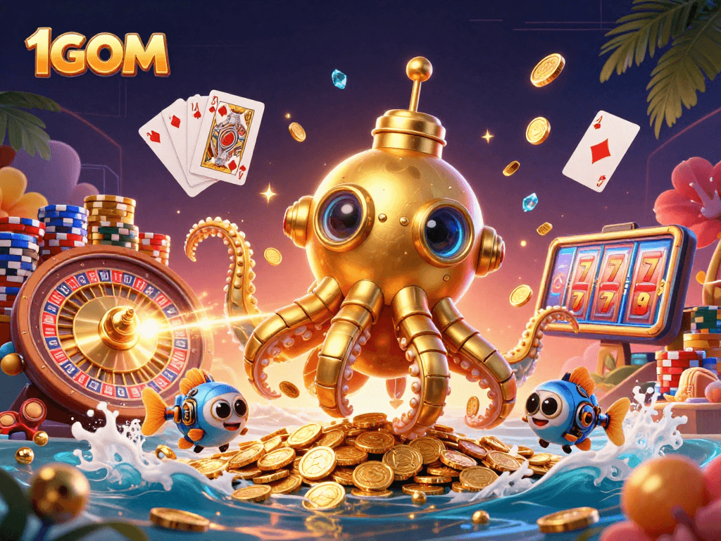 Experience thrilling gameplay with 1GOM, showcasing a golden kraken submarine and vibrant casino elements.