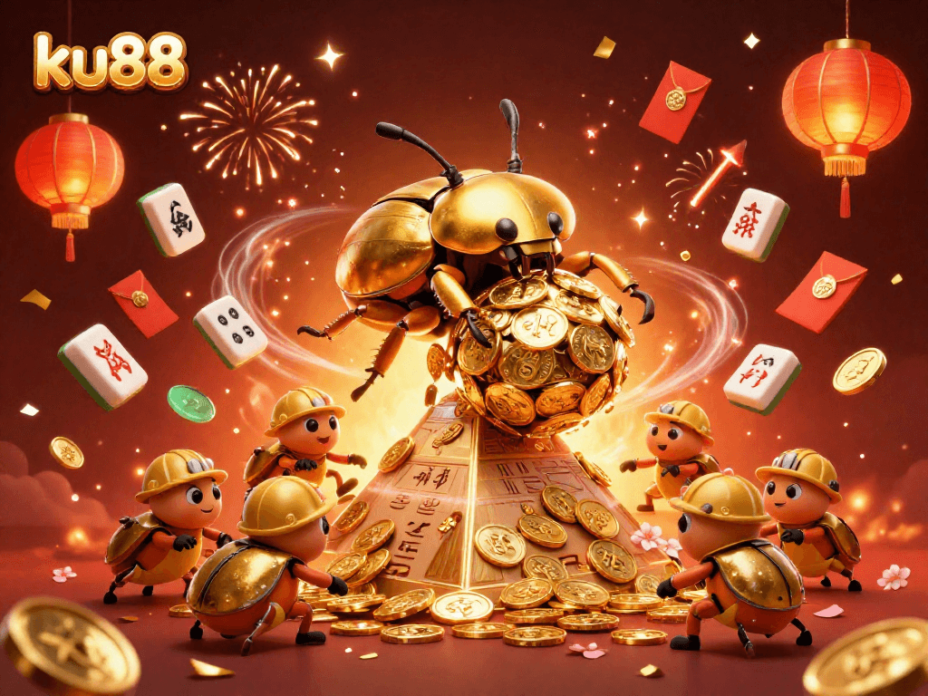 Experience exciting gameplay and vibrant visuals at ku88 with a 3D illustration featuring golden beetles.