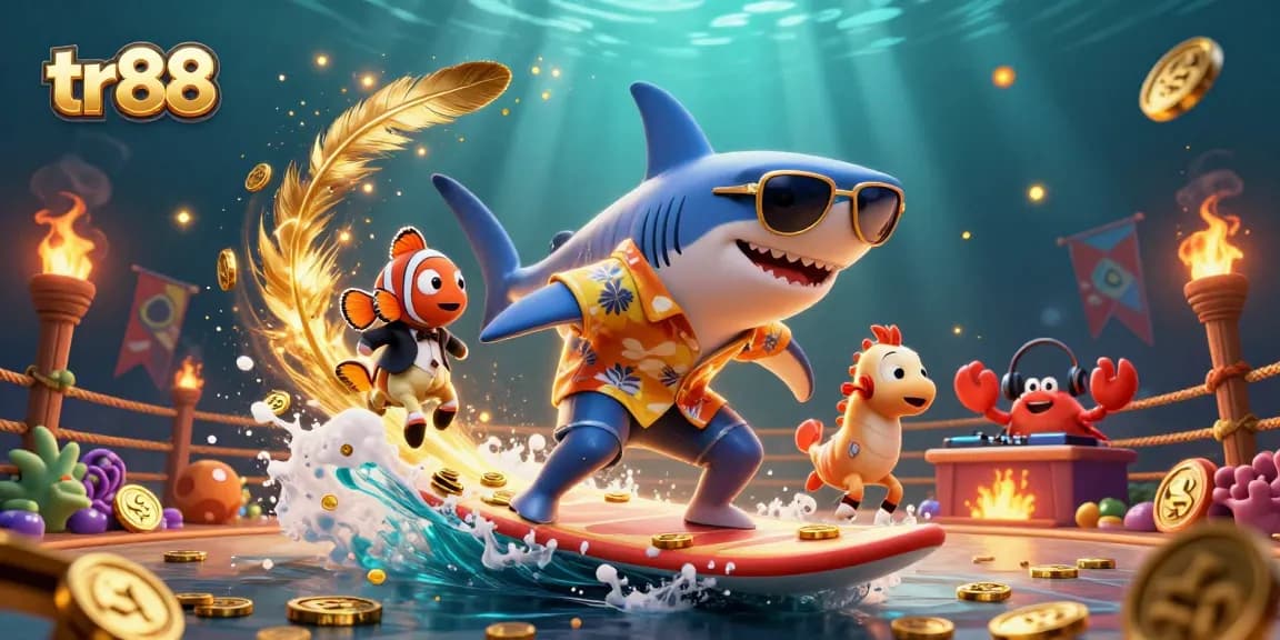 Experience the thrill of tr88 with a 3D shark surfing on gold coins and a clownfish, thriving in the vibrant gaming world.