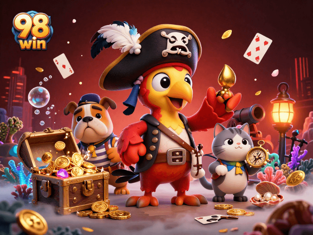 Engage with 98 win's illustrated casino adventure featuring a pirate crew amidst treasure.