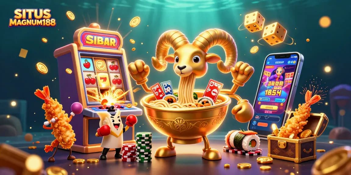 SITUS MAGNUM188 features dynamic scene with a giant ramen bowl character dealing cards amidst a slot machine jackpot.
