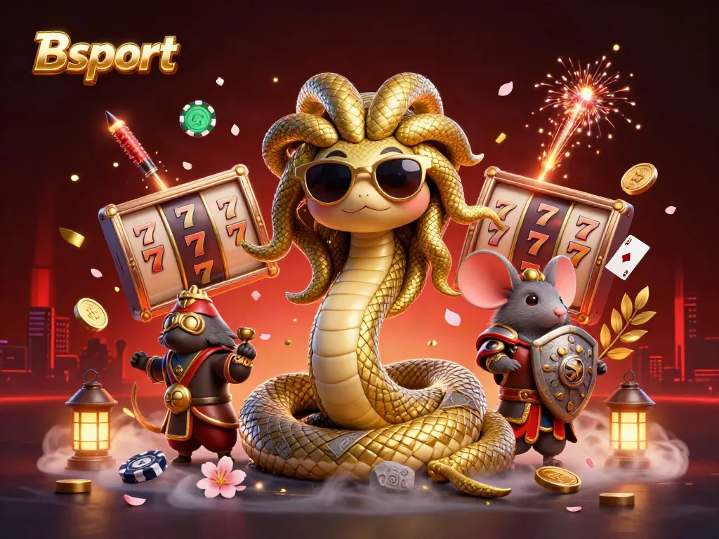 Bsport's vibrant casino scene with Medusa and warrior mouse amidst slot reels and festive elements.