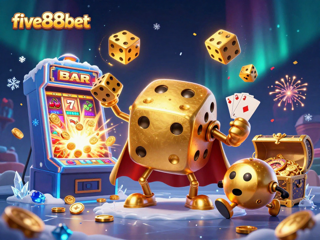 Watch the five88bet golden dice golem and friends celebrate winnings in a vibrant casino scene.