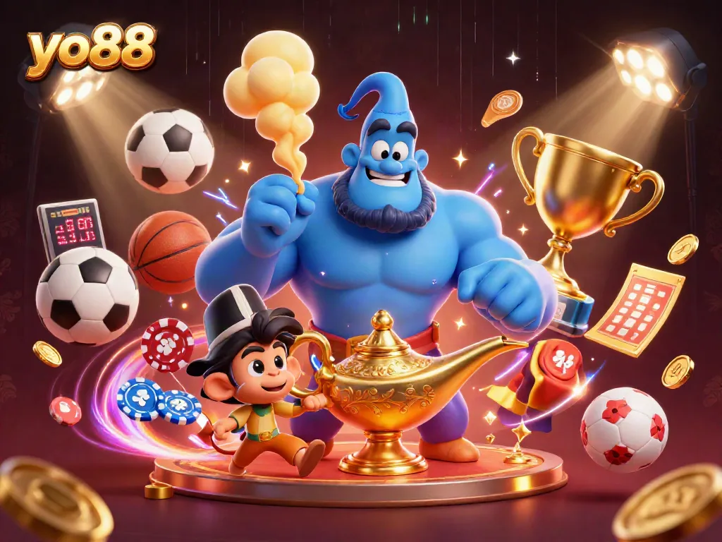 Experience excitement at yo88 with a genie, poker chips, and dynamic sports elements!