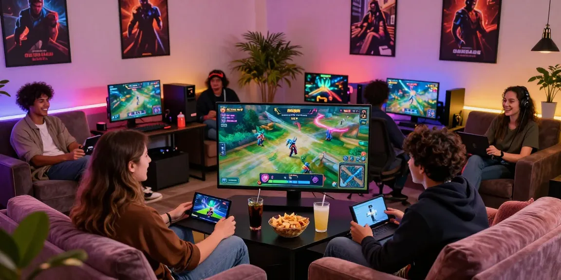Friends enjoying GARUDA404 games in a cozy gaming lounge, showcasing a vibrant social atmosphere.