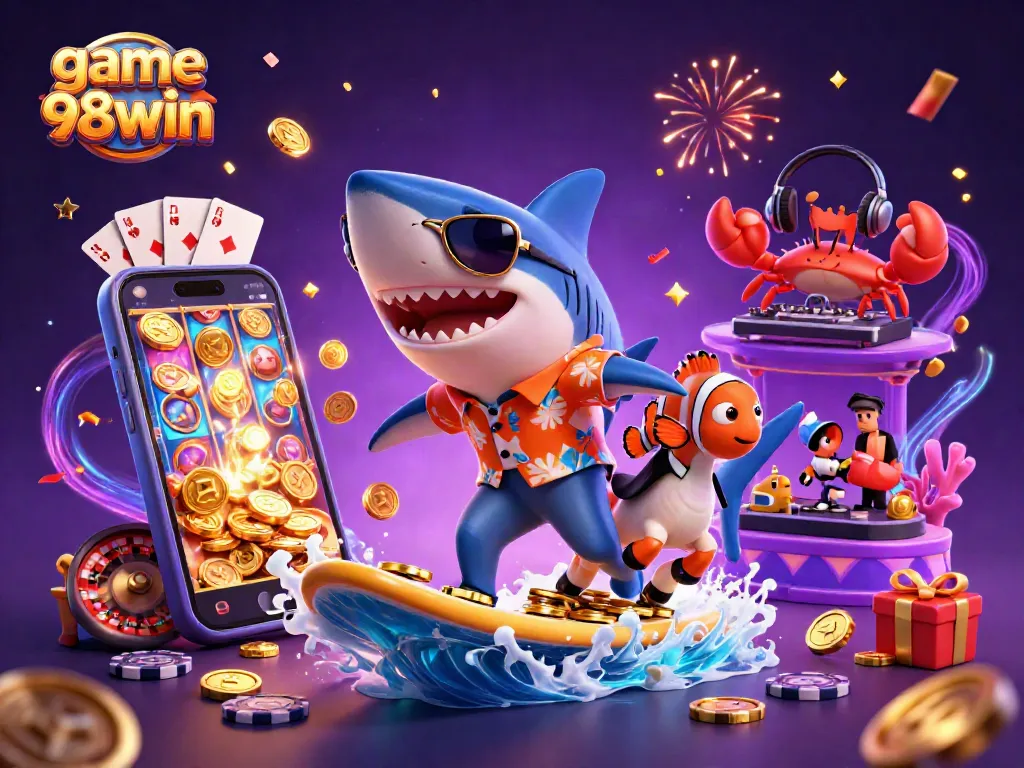 Experience excitement with game 98win featuring a shark, clownfish, and crab DJ amidst thrilling slot games.