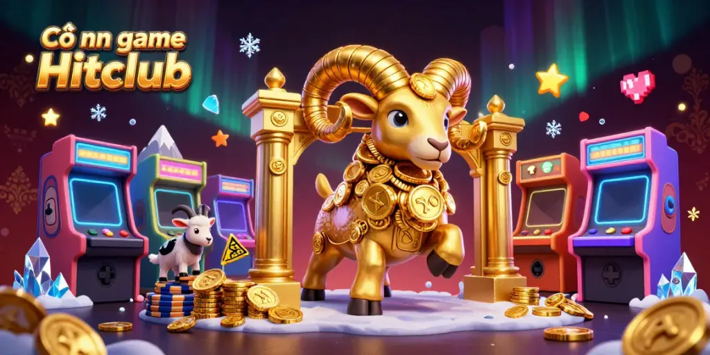 Experience thrilling gameplay at Cổng game Hitclub with a dynamic 3D illustration showcasing a gold ram charging through a vibrant casino world.