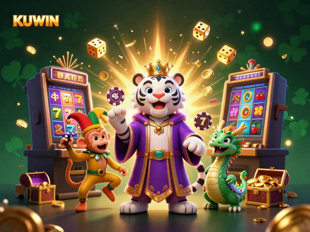 Spin the slots and win big at KUWIN with an engaging 3D casino scene showcasing vibrant characters and lucky symbols.