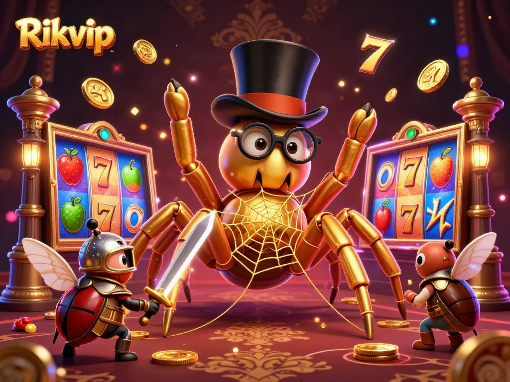 Join the thrilling Rikvip experience with vibrant slot reels and characters in a dynamic casino scene.