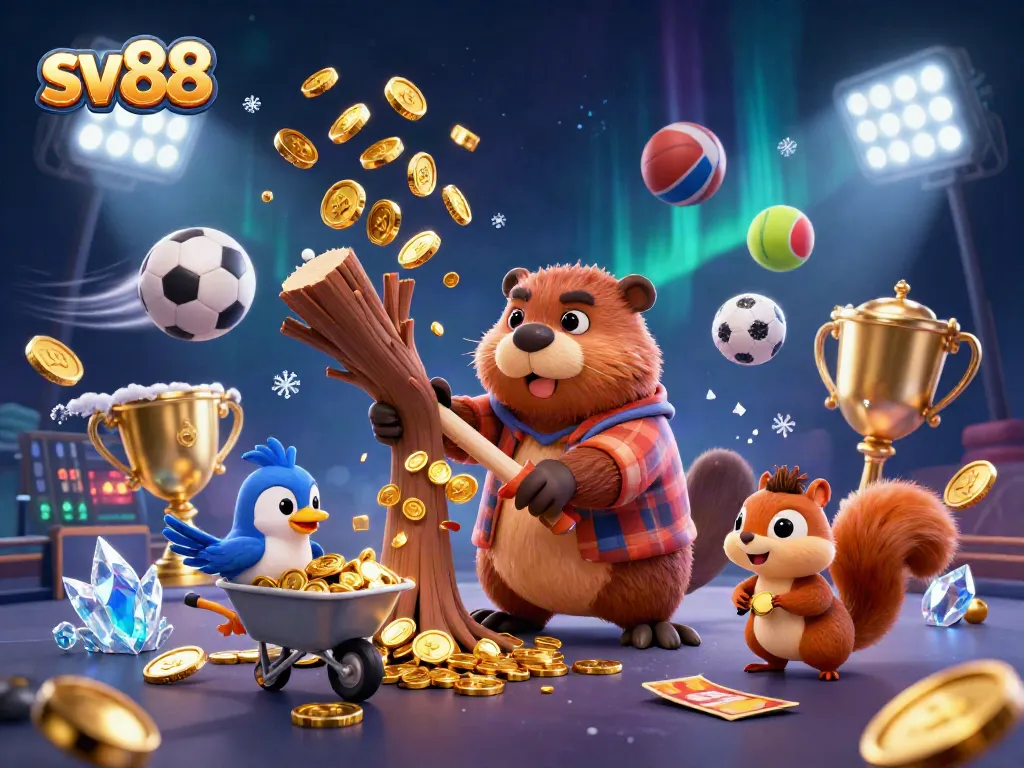 Bet on exciting wins at sv88 with a 3D scene of cartoon characters celebrating with golden coins and sports elements.