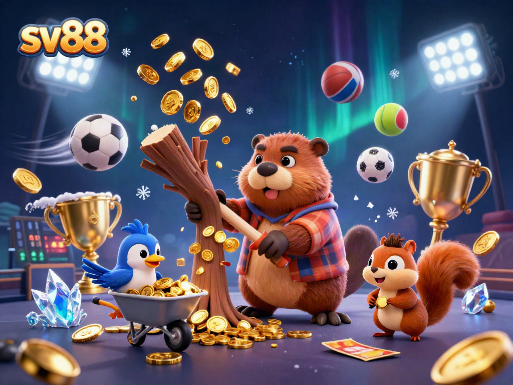 Bet on exciting wins at sv88 with a 3D scene of cartoon characters celebrating with golden coins and sports elements.