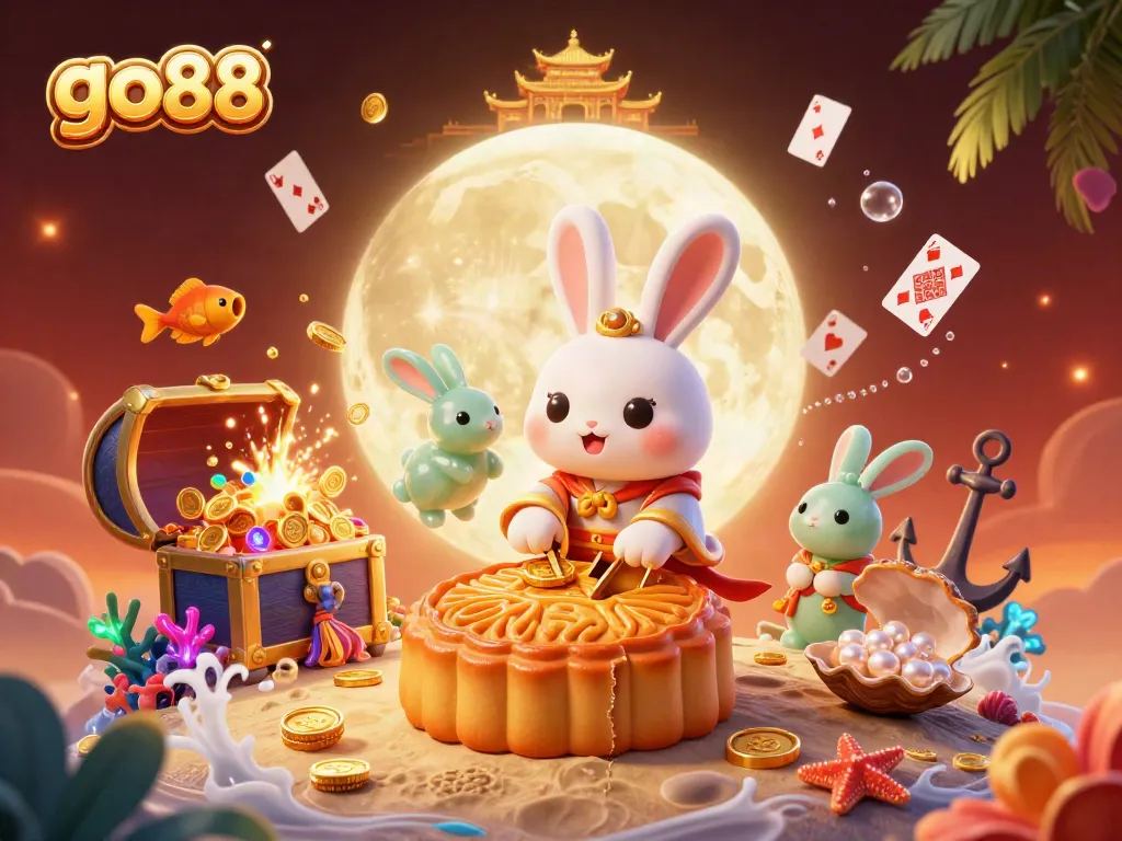 Experience the thrill of go88 with a captivating moon rabbit pounding mooncakes revealing poker chips.
