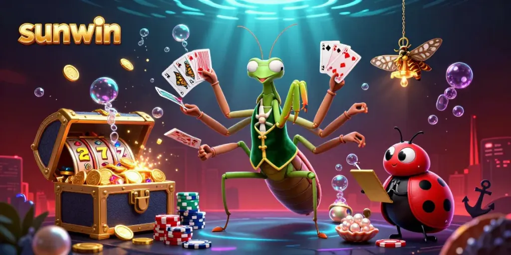 Experience the rich gaming world of sunwin with vibrant characters, slot reels, and sparkling treasures in a 3D colorful illustration.