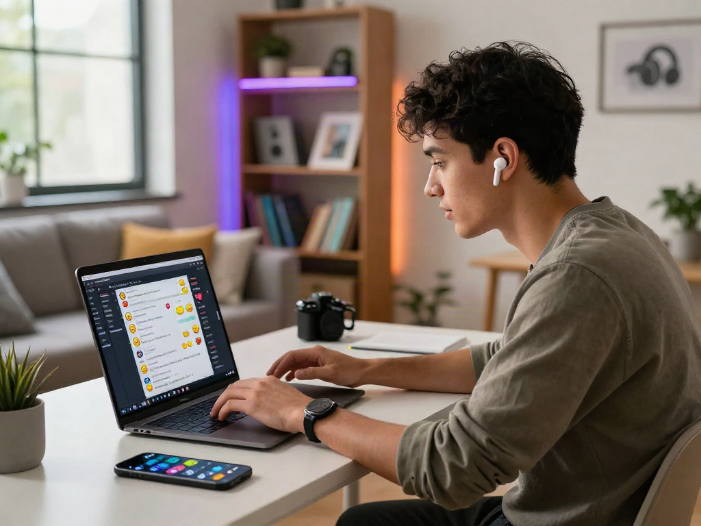 Vibrant workspace showing a young professional engaged in an nsfw chat on a laptop, featuring emojis and lively communication.