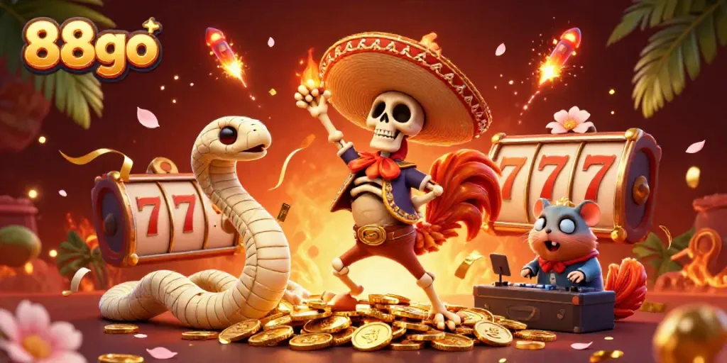 Experience winning moments with 88go through a vibrant cartoon illustration of casino-themed characters.
