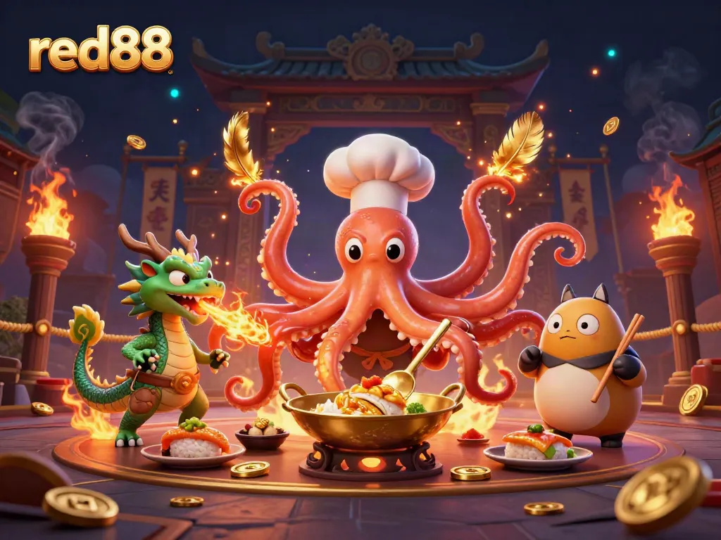 Experience winning moments at red88 with a thrilling 3D scene featuring unique characters and casino elements.