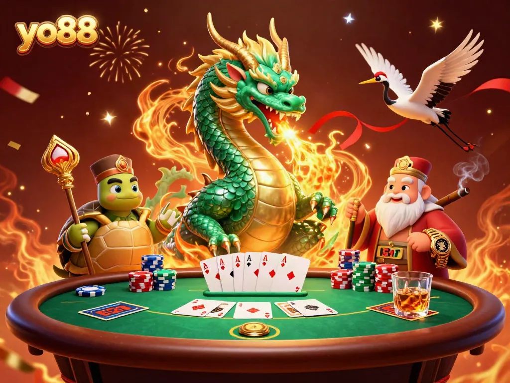 Engage in thrilling gambling experience with yo88's vibrant illustrated scene featuring legendary characters.