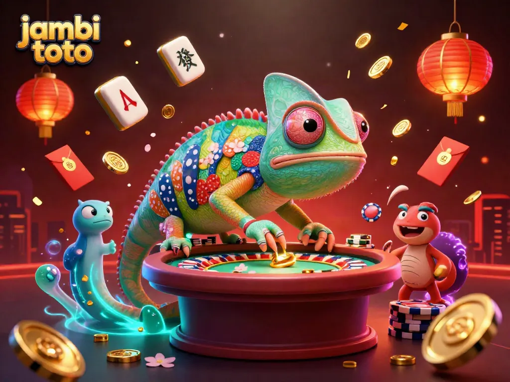 Experience thrilling gameplay with Jambi Toto's colorful chameleon casino owner snapping up golden coins!