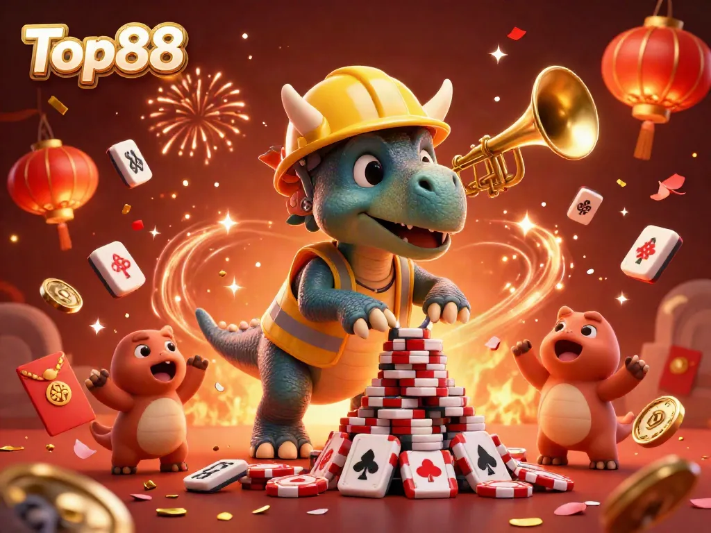 Celebrate Top88 with a vibrant 3D scene of a triceratops and friends amidst casino elements.