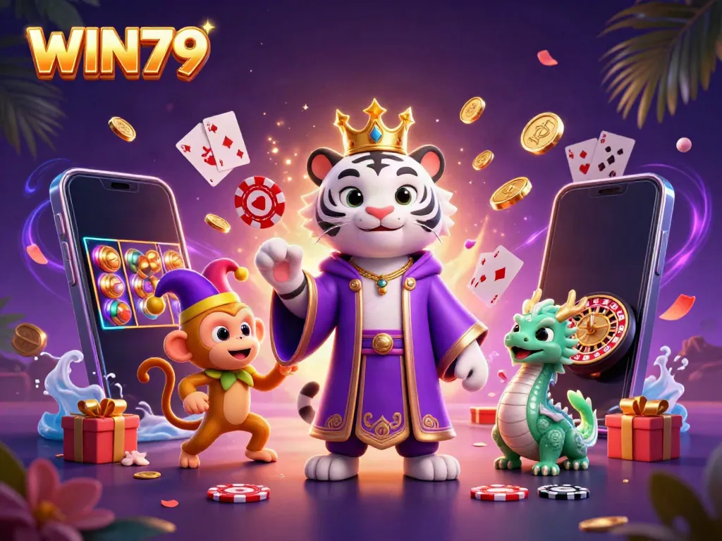 Win79 players winning big with vibrant casino-themed artwork showcasing dynamic gaming elements.