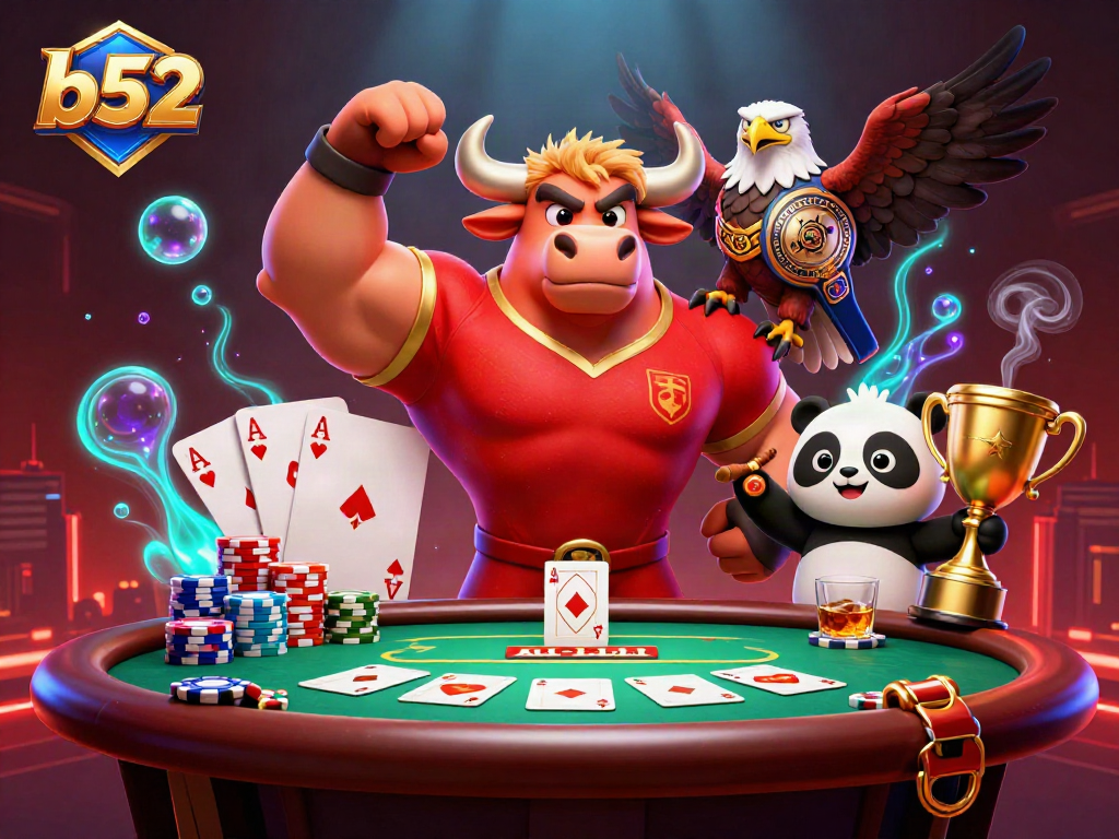 Play exciting b52 poker with our fun cartoon mascot characters at a vibrant casino scene.