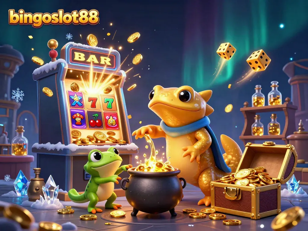 Raih jackpot dengan bingoslot88: ilustrasi detail dinamis permainan slot dengan alkemis dan eksperimen emas.