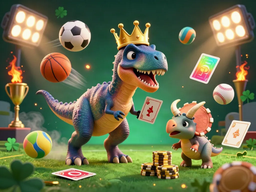 Engage with ta88 sports betting illustrated by a fun dinosaur-themed scene with cards and betting elements.