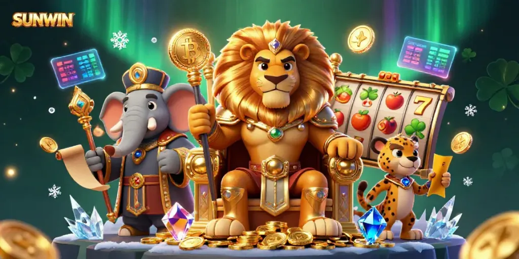 SUNWIN casino scene with a lion king, elephant advisor, and cheetah messenger amidst slot reels and crypto coins.