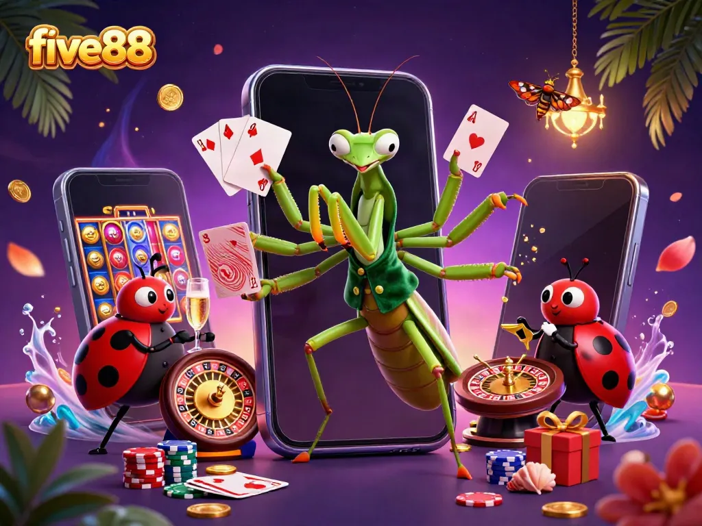 Engaging five88 casino scene featuring a card sharp and pit boss amidst vibrant gaming elements.