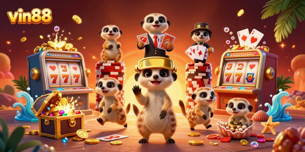 Experience thrilling moments at vin88 with meerkats running a lively casino scene filled with vibrant slot machines and gold coins.