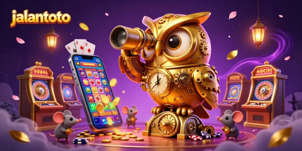 Engage with jalantoto in an exciting casino scene featuring slot games and animated characters.