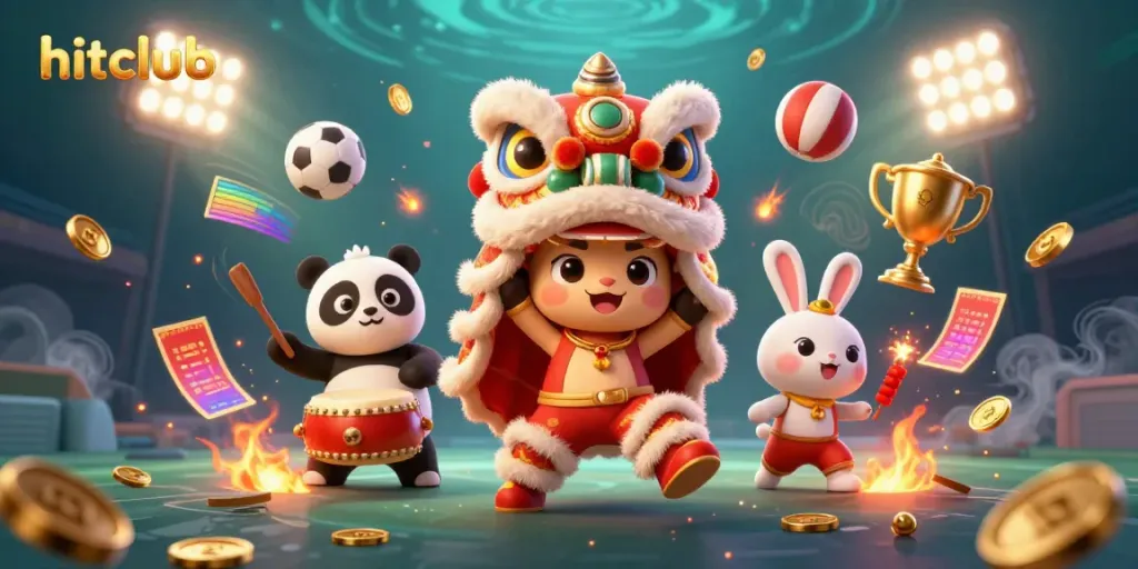 Hitclub's vibrant atmosphere comes alive with a lively lion dance and gambling elements.