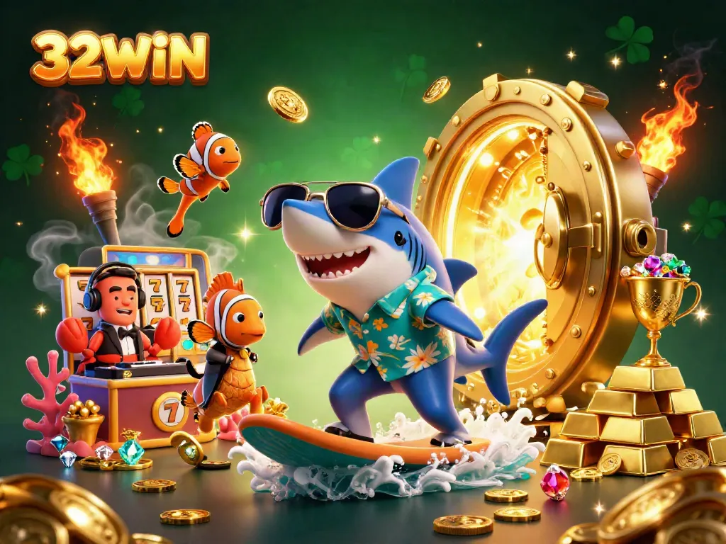 Experience the thrill of 32WIN with vibrant sharks, gold coins, and slot reels.