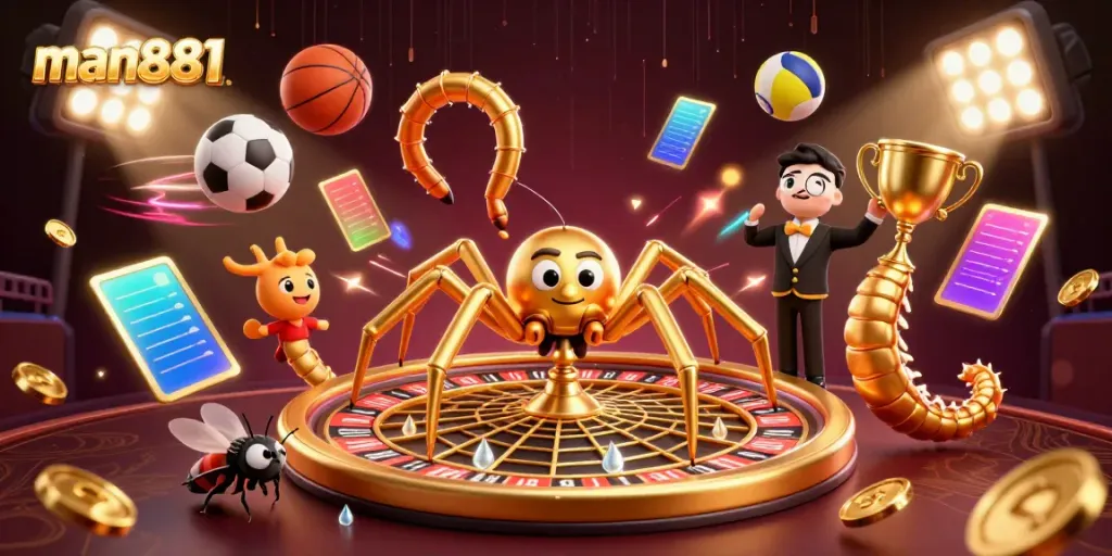 Engage with thrilling bets at man881, where a golden spider roulette brings excitement in a 3D casino scene.