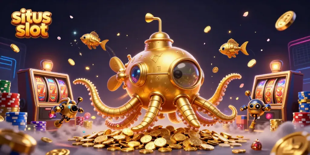 Menangkan jackpot situs slot dengan gambaran 3D unik dari kraken emas dan mesin slot berkilau.
