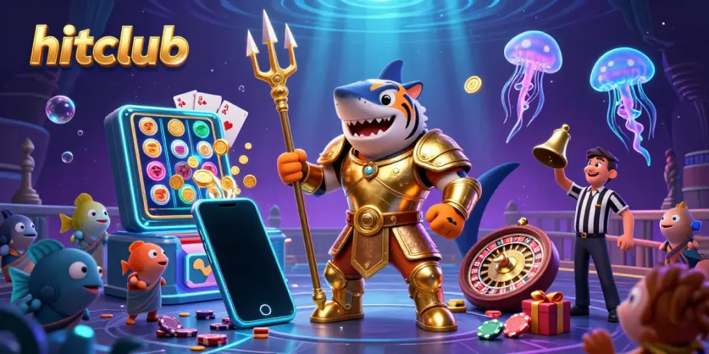 Experience thrilling gameplay at hitclub with a vibrant underwater casino scene featuring a tiger shark and dynamic slot games.