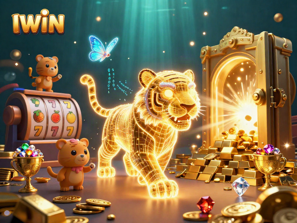 IWIN digital casino scene with a golden tiger and slot elements for thrilling gameplay.