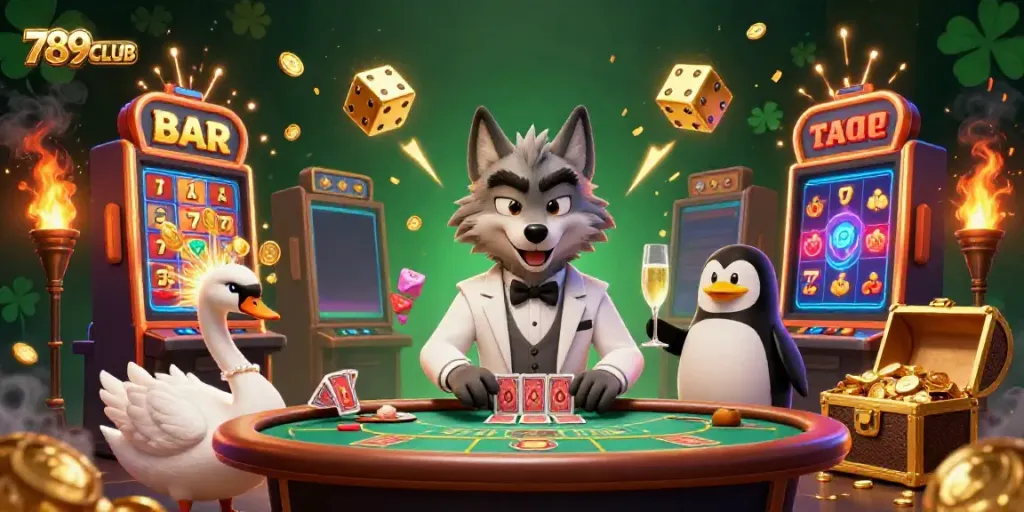 Join the fun at 789CLUB with this vibrant casino illustration featuring exciting games and characters.