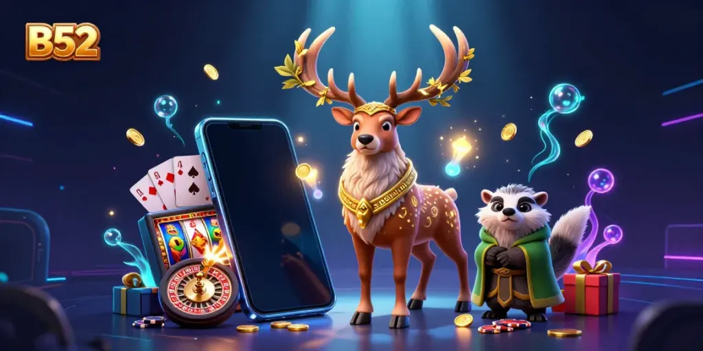 Engage with B52's vibrant online casino featuring a mystical stag and gaming elements.