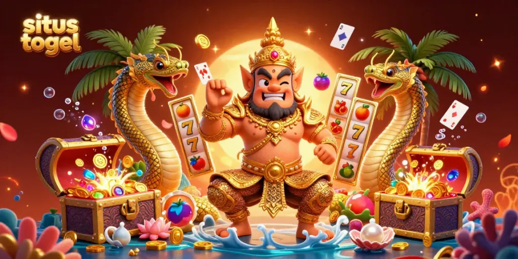Experience the excitement of situs togel with a vibrant illustration of a guardian and Naga surrounded by dynamic gaming elements.