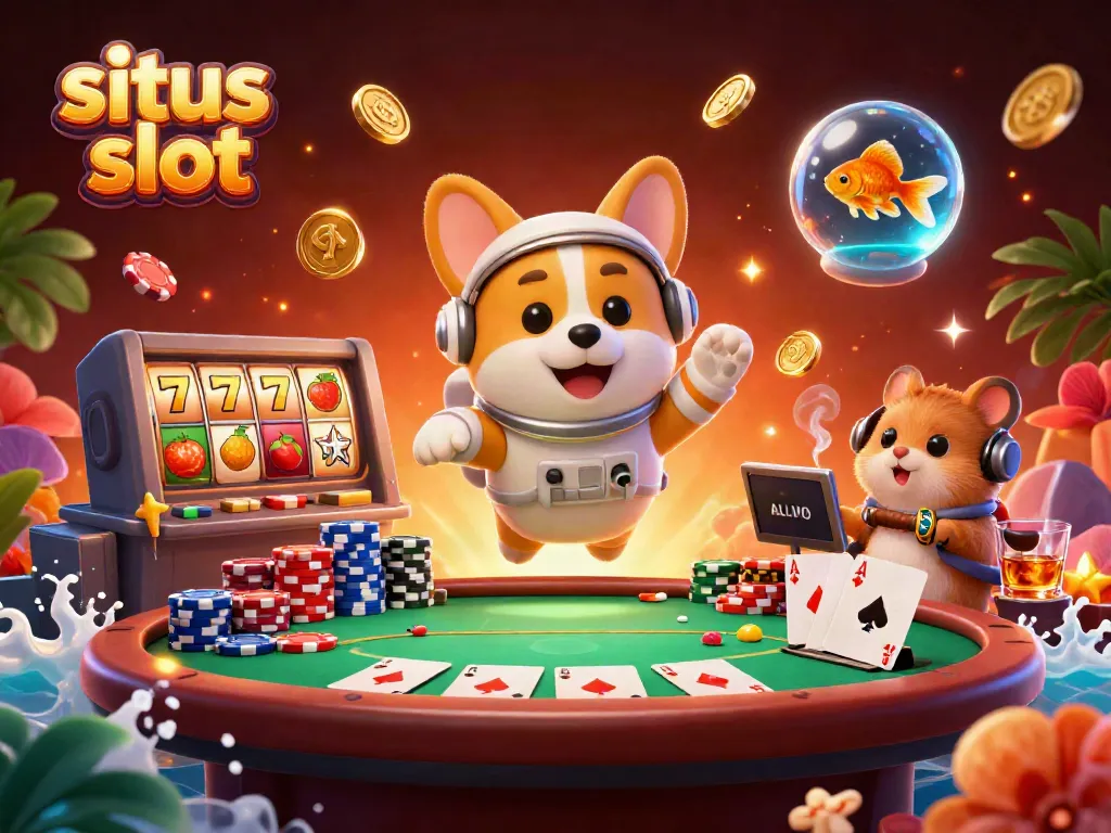 Experience exciting situs slot gameplay with a 3D cartoon astronaut corgi and casino elements in a vibrant space setting.