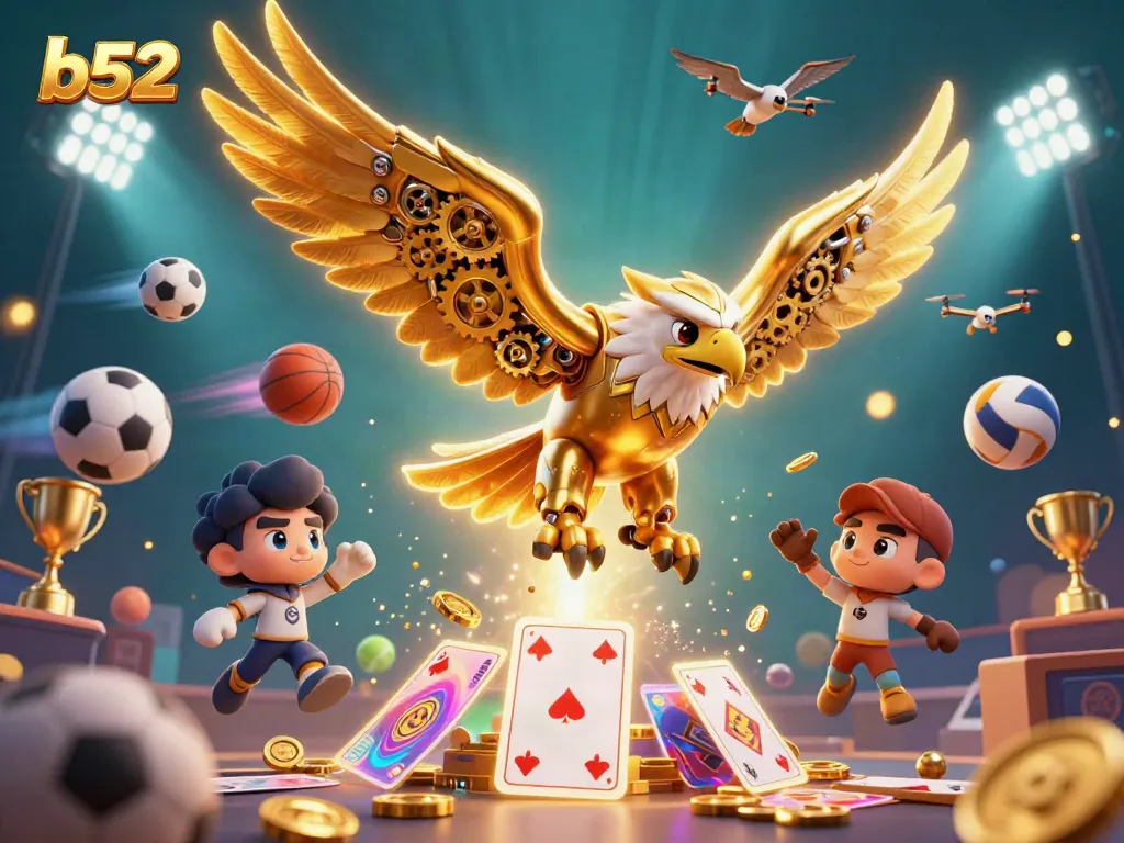 Engaging b52 casino illustration with a golden eagle diving through holographic cards.