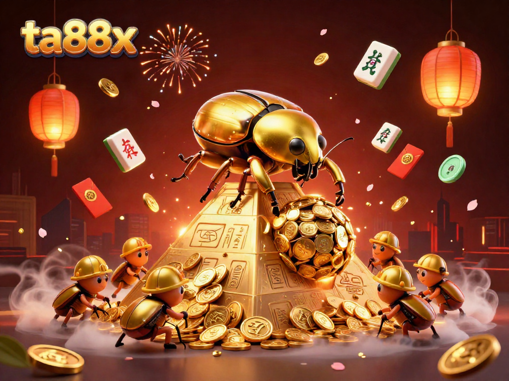 Engage in thrilling gameplay at ta88x with a vibrant illustration showcasing golden beetles and casino symbols.