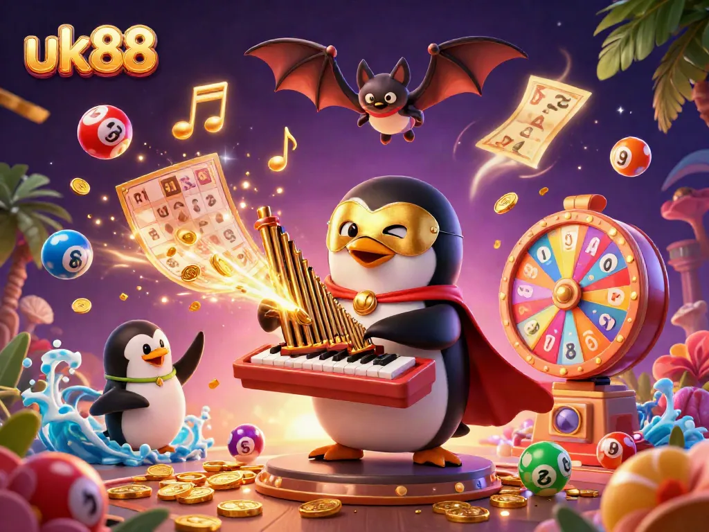 Experience casino fun at uk88 with a 3D phantom penguin surrounded by colorful lottery elements.