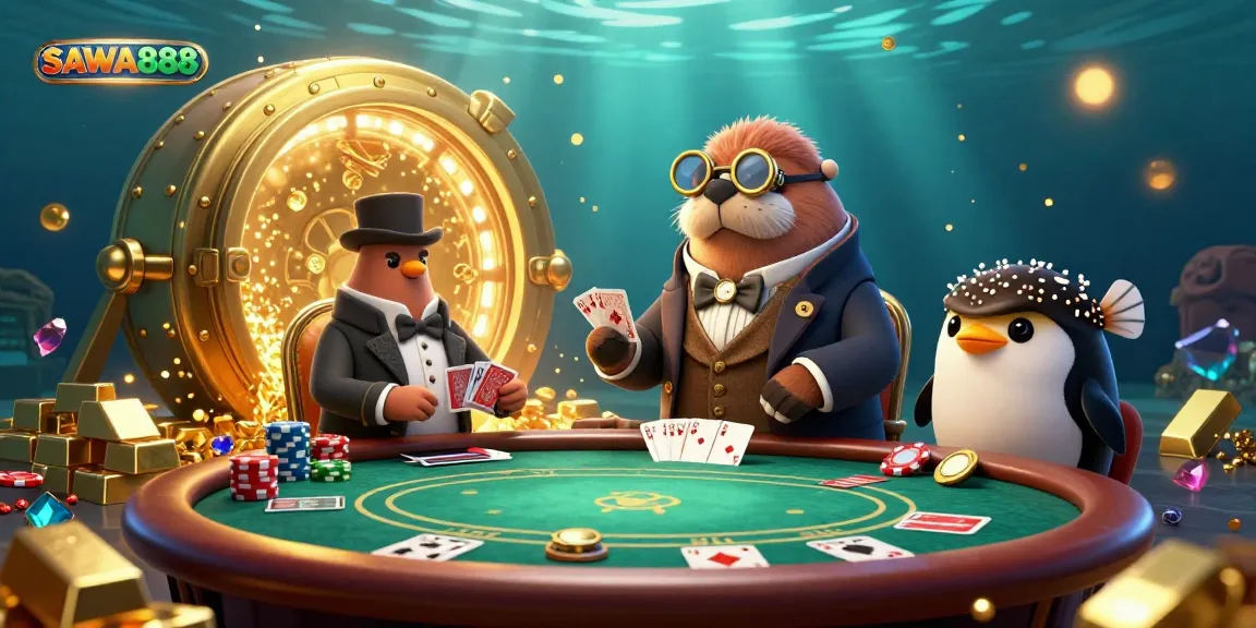 Engage in thrilling poker action with SAWA888 at an underwater casino with vibrant game elements.