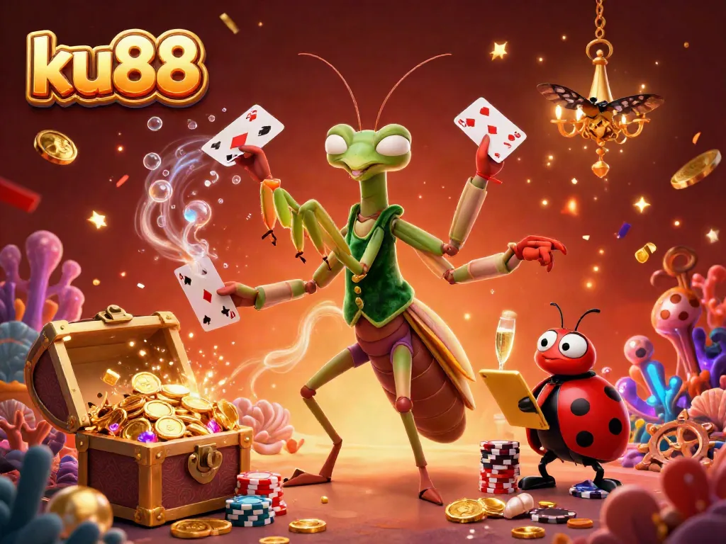 Experience excitement and winnings at ku88, illustrated with vibrant characters and dynamic casino elements.