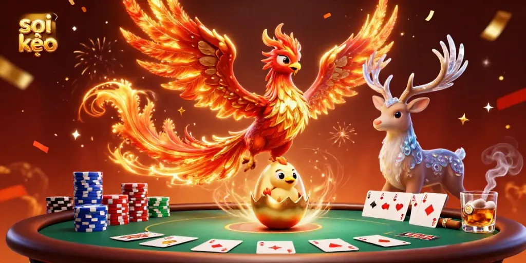 Soi kèo the phoenix flies high amidst poker chips and vibrant casino elements, celebrating winning moments.