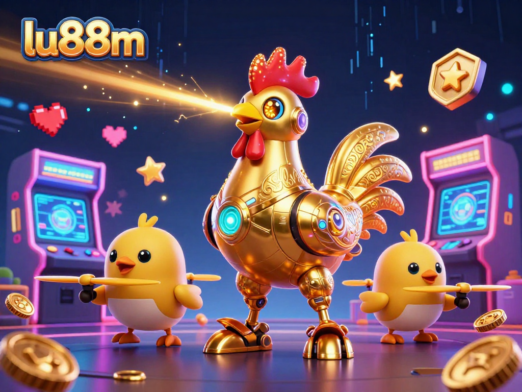 Engage in vibrant casino fun with lu88m's 3D golden rooster robot and dynamic baby chick drones.