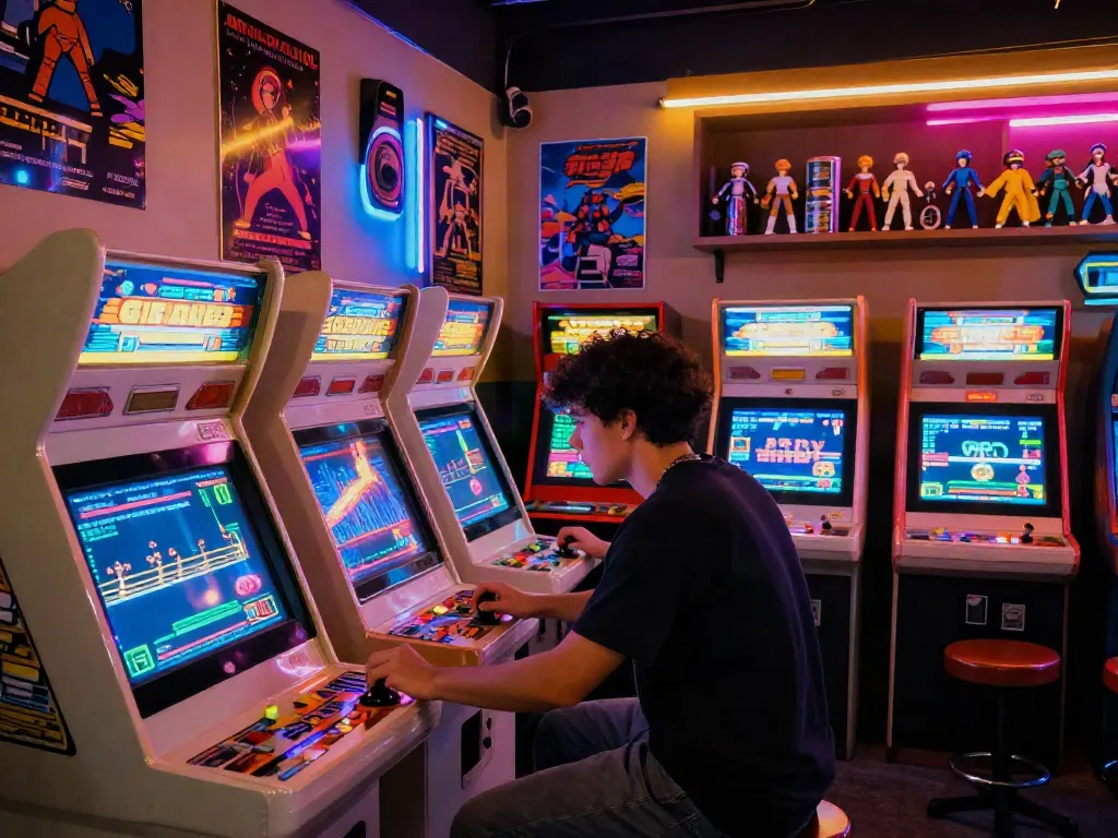 Engaging scene of a person playing classic arcade games in a nostalgic 80s arcade setting, highlighting the essence of pecah404.