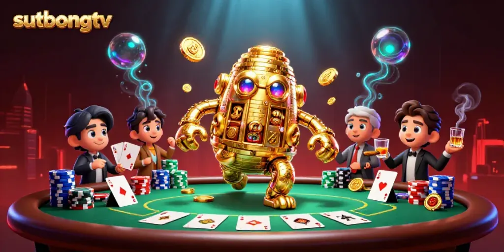 Sutbongtv showcases an ultra-detailed 3D golem made of golden coins amidst a vibrant casino scene.